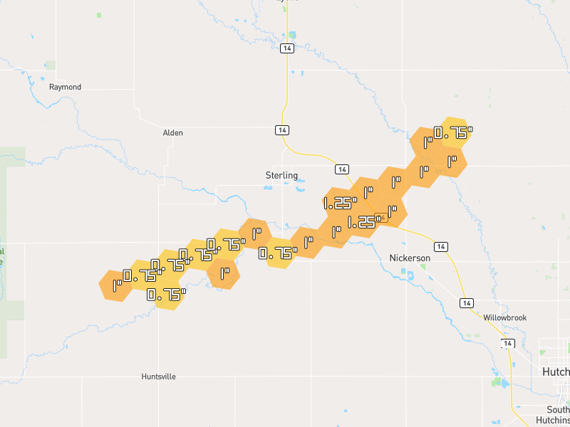 Hail map of Sterling, KS on Jul 10, 2026, hail up to 1.25"