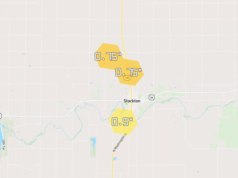 Hail map of Stockton, KS on Jul 2, 2026, hail up to 0.75"