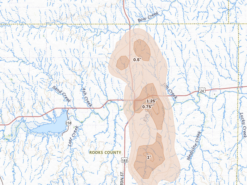 Radar-estimated hail-size map of the storm over Stockton, KS on Jul 10, 2026