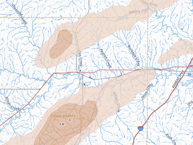Radar-estimated hail-size map of the storm over Strong City, KS on Apr 13, 2026