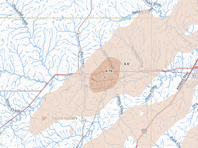 Radar-estimated hail-size map of the storm over Strong City, KS on Apr 17, 2026