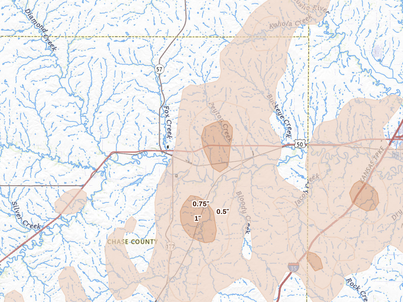 Radar-estimated hail-size map of the storm over Strong City, KS on May 30, 2026