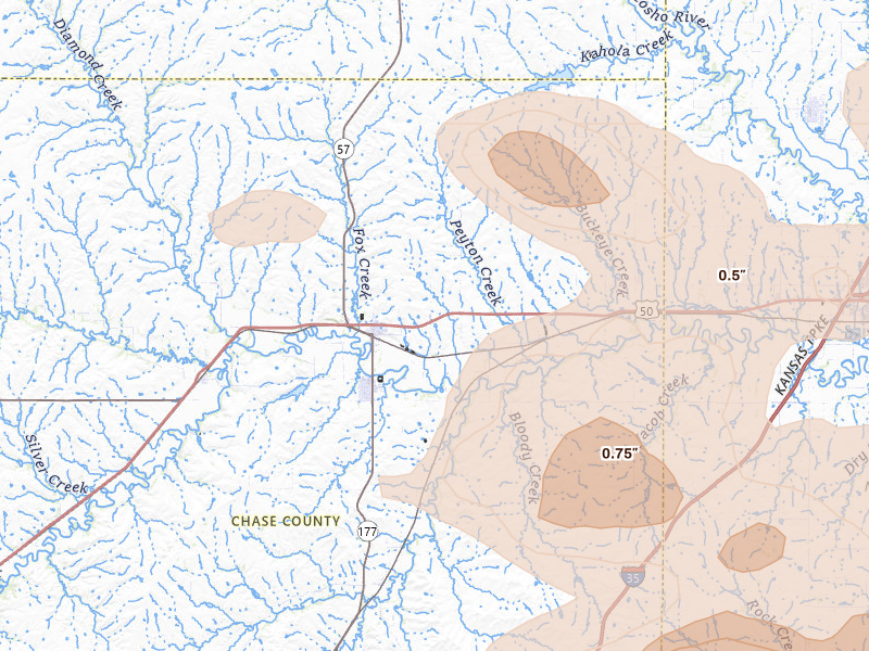 Radar-estimated hail-size map of the storm over Strong City, KS on May 31, 2026