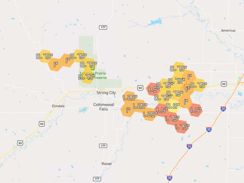 Hail map of Strong City, KS on Jun 1, 2026, hail up to 1.75"