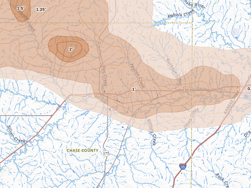 Radar-estimated hail-size map of the storm over Strong City, KS on Jun 10, 2026