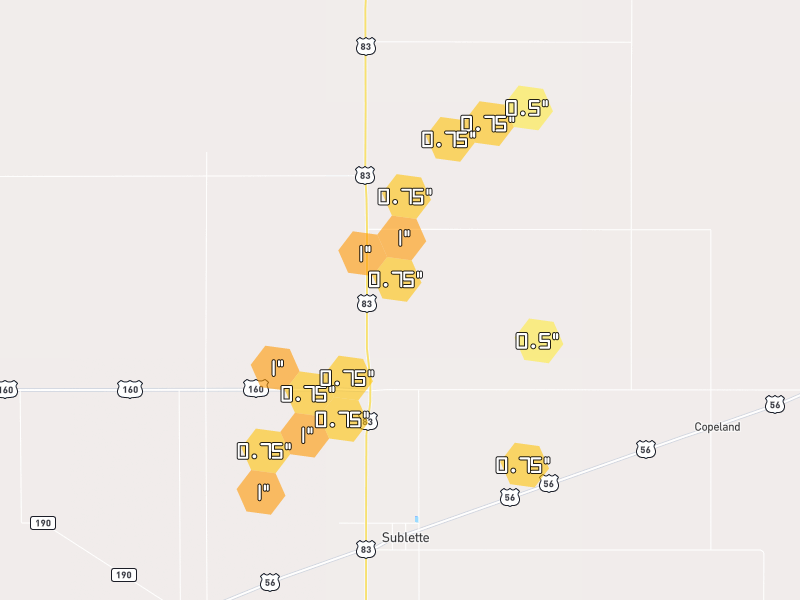 Hail map of Sublette, KS on Jun 9, 2026, hail up to 1"