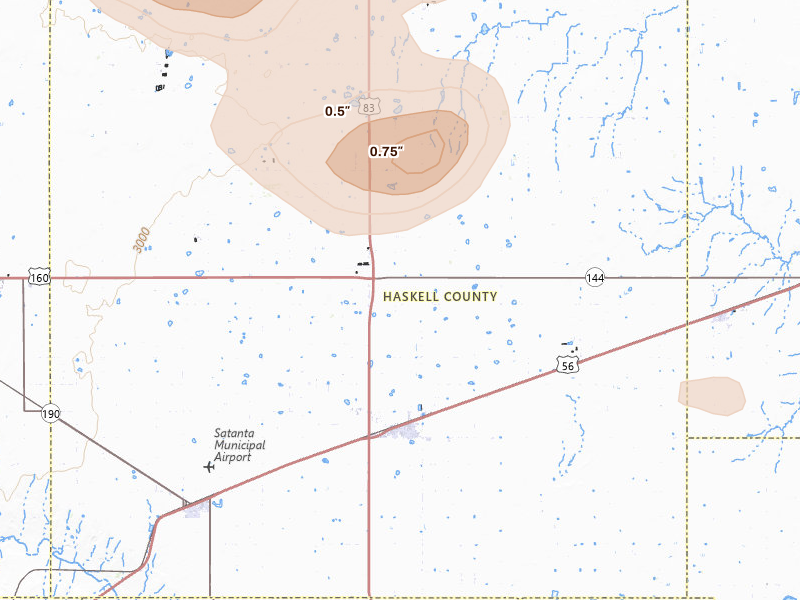 Radar-estimated hail-size map of the storm over Sublette, KS on Jun 22, 2026