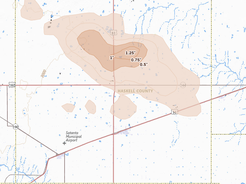 Radar-estimated hail-size map of the storm over Sublette, KS on Jun 23, 2026