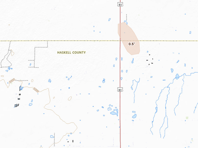 Radar-estimated hail-size map of the storm over Sublette, KS on Aug 6, 2026