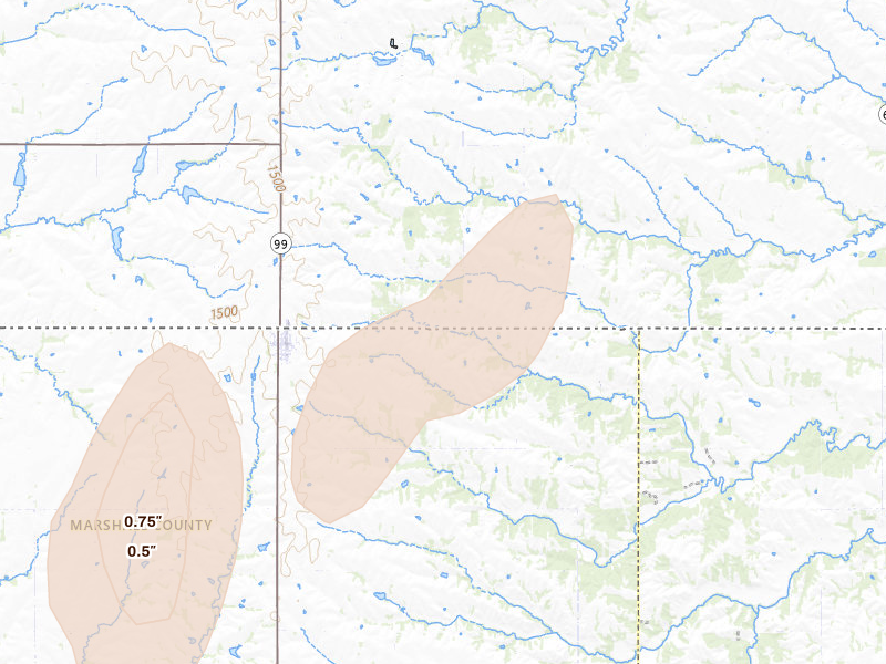 Radar-estimated hail-size map of the storm over Summerfield, KS on May 16, 2026