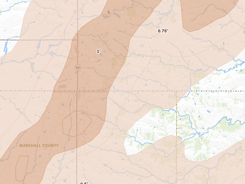 Radar-estimated hail-size map of the storm over Summerfield, KS on May 18, 2026