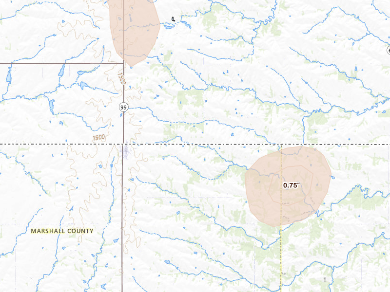 Radar-estimated hail-size map of the storm over Summerfield, KS on Jun 6, 2026