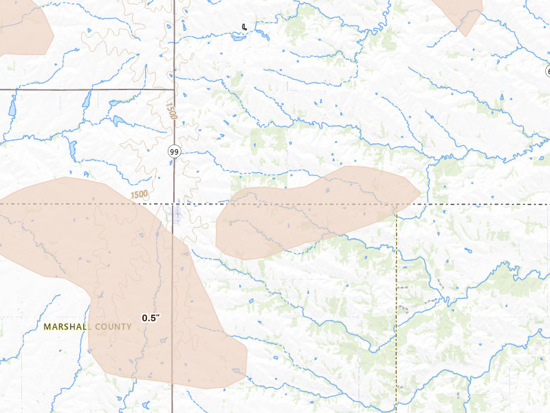 Radar-estimated hail-size map of the storm over Summerfield, KS on Jul 3, 2026