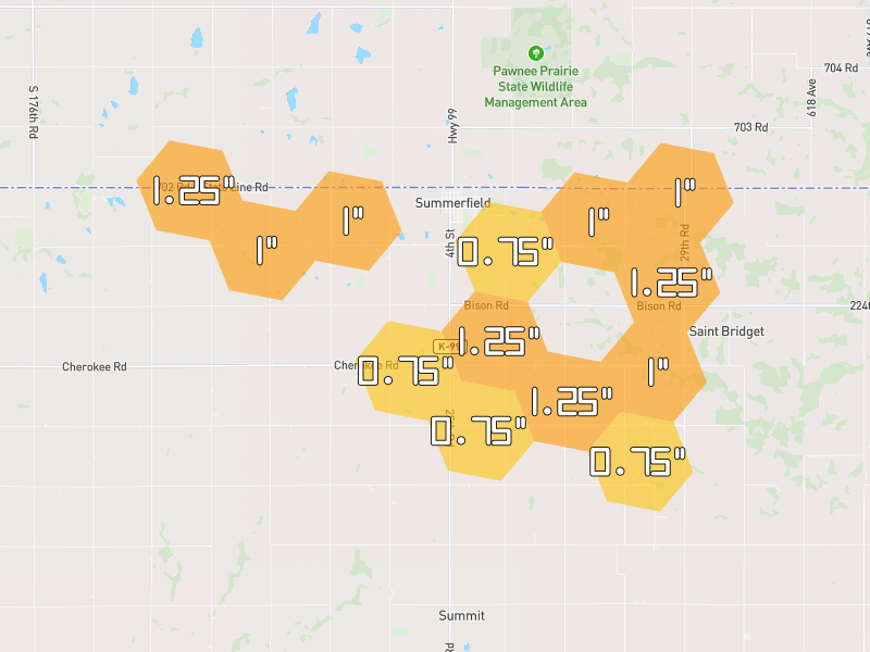 Hail map of Summerfield, KS on Jul 4, 2026, hail up to 1.25"