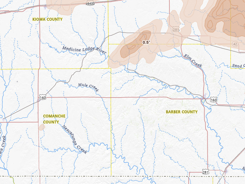 Radar-estimated hail-size map of the storm over Sun City, KS on May 18, 2026