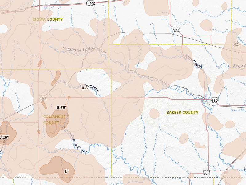 Radar-estimated hail-size map of the storm over Sun City, KS on Jun 1, 2026