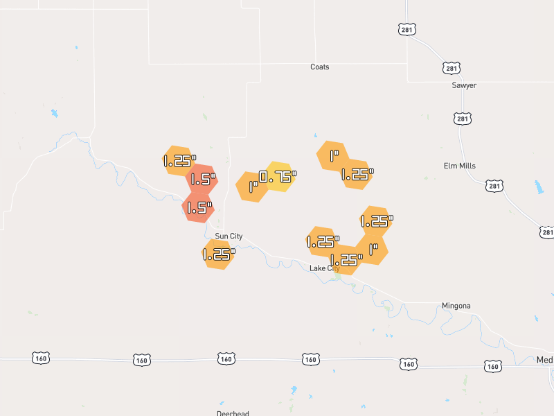 Hail map of Sun City, KS on Jun 2, 2026, hail up to 1.5"