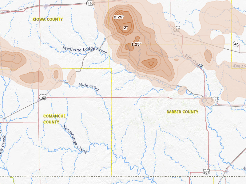 Radar-estimated hail-size map of the storm over Sun City, KS on Jun 20, 2026