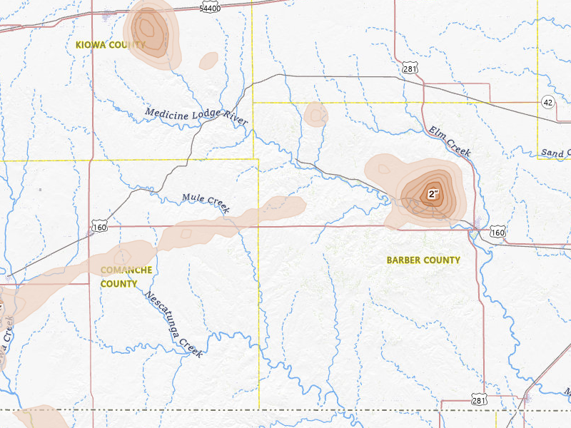 Radar-estimated hail-size map of the storm over Sun City, KS on Jul 9, 2026