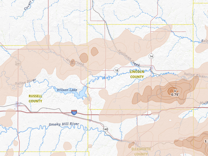 Radar-estimated hail-size map of the storm over Sylvan Grove, KS on Apr 26, 2026