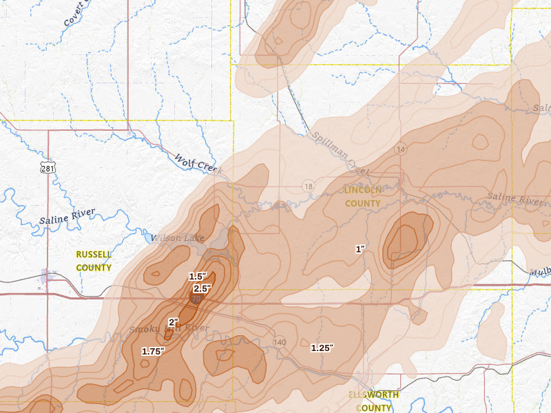 Radar-estimated hail-size map of the storm over Sylvan Grove, KS on May 17, 2026