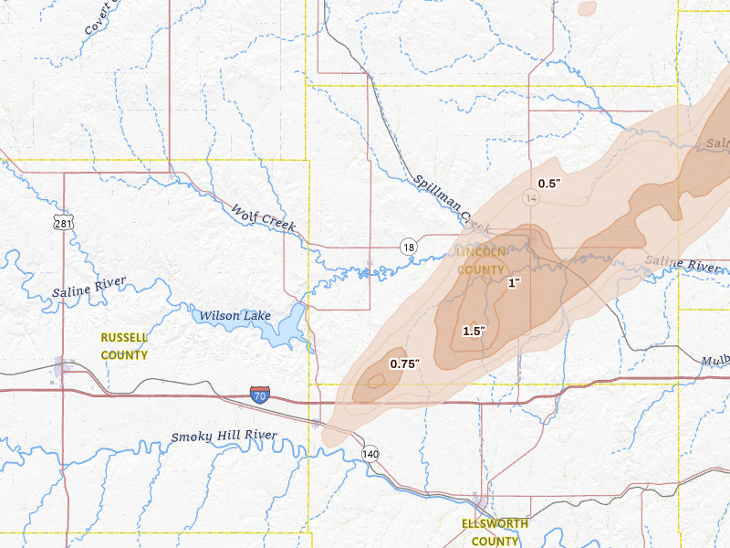 Radar-estimated hail-size map of the storm over Sylvan Grove, KS on May 18, 2026