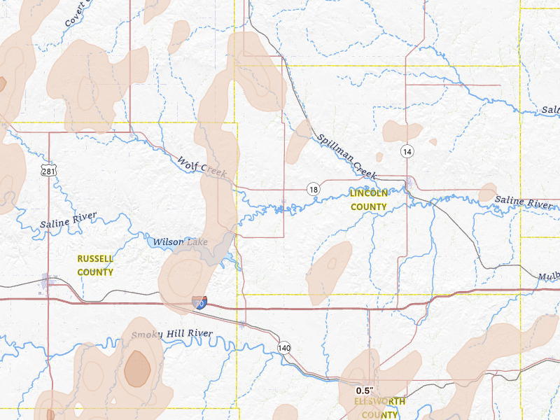 Radar-estimated hail-size map of the storm over Sylvan Grove, KS on May 30, 2026