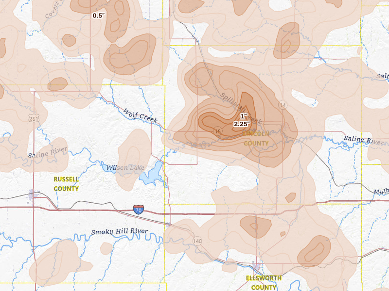 Radar-estimated hail-size map of the storm over Sylvan Grove, KS on Jun 8, 2026