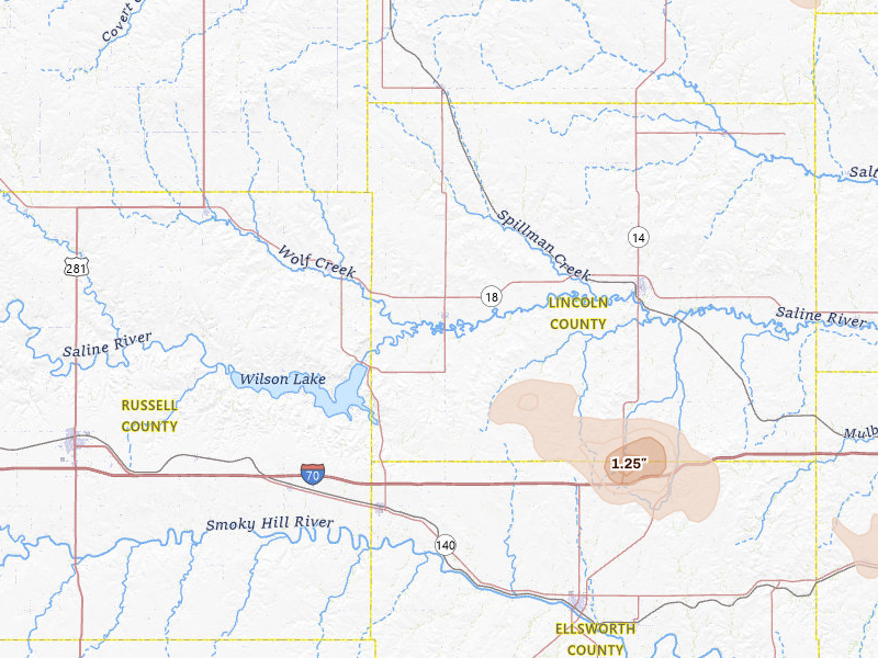 Radar-estimated hail-size map of the storm over Sylvan Grove, KS on Jun 19, 2026