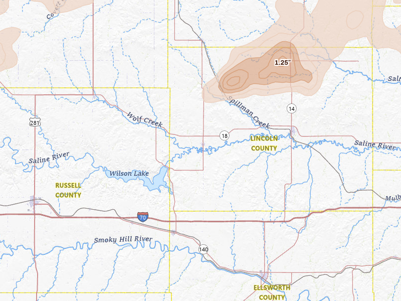 Radar-estimated hail-size map of the storm over Sylvan Grove, KS on Jul 3, 2026