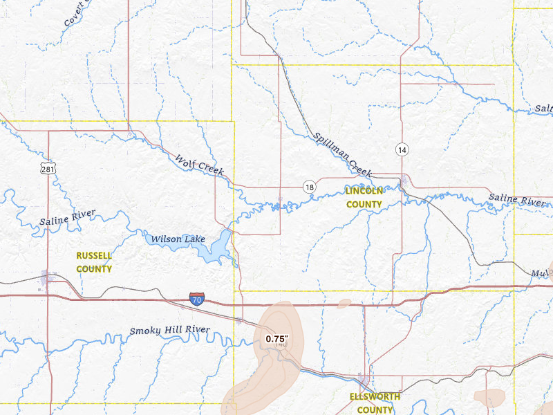 Radar-estimated hail-size map of the storm over Sylvan Grove, KS on Jul 9, 2026