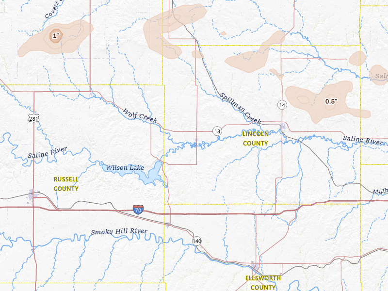 Radar-estimated hail-size map of the storm over Sylvan Grove, KS on Jul 23, 2026