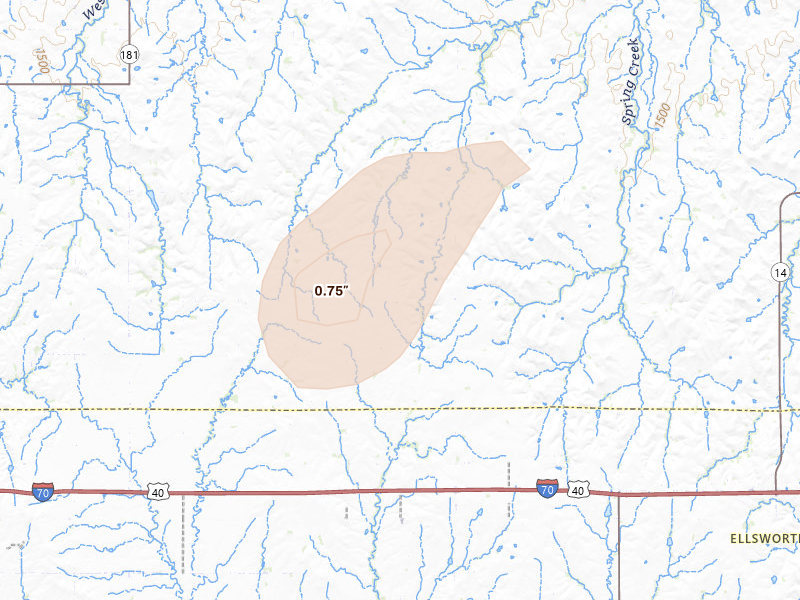 Radar-estimated hail-size map of the storm over Sylvan Grove, KS on Aug 13, 2026