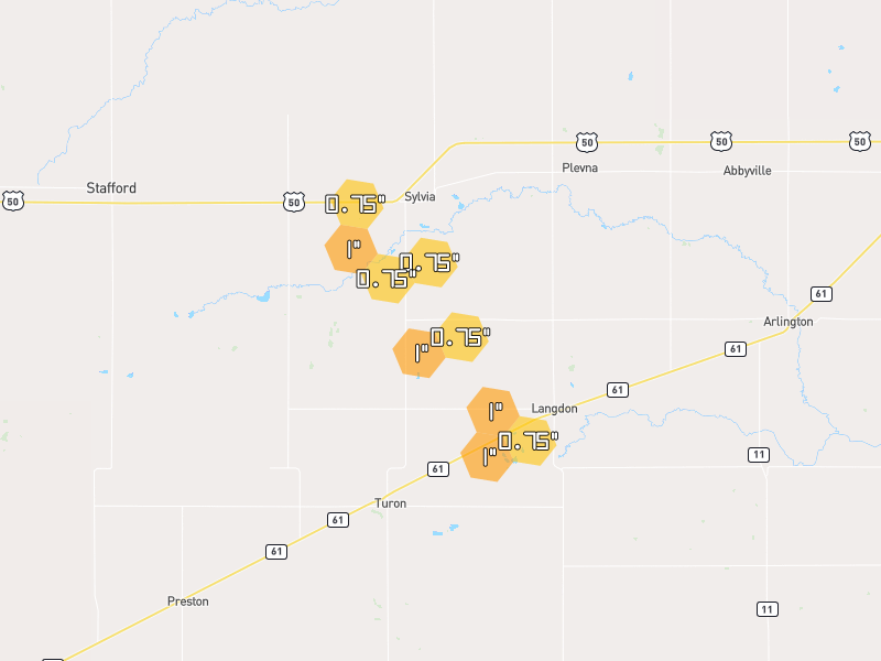 Hail map of Sylvia, KS on Jun 26, 2026, hail up to 1"