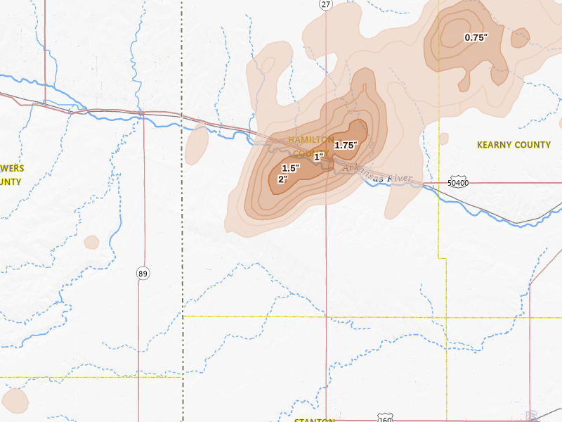 Radar-estimated hail-size map of the storm over Syracuse, KS on Jul 1, 2026