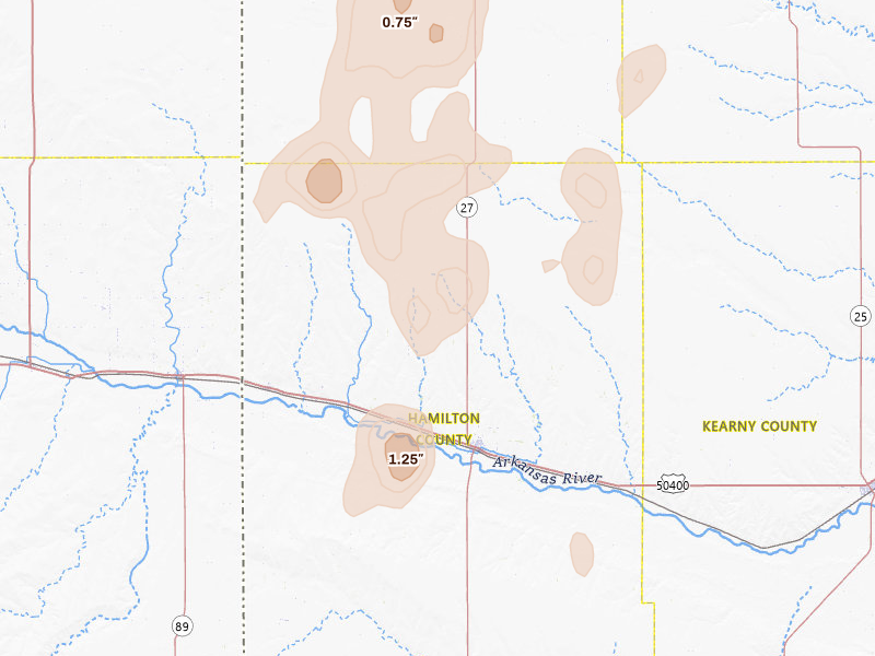 Radar-estimated hail-size map of the storm over Syracuse, KS on Aug 14, 2026