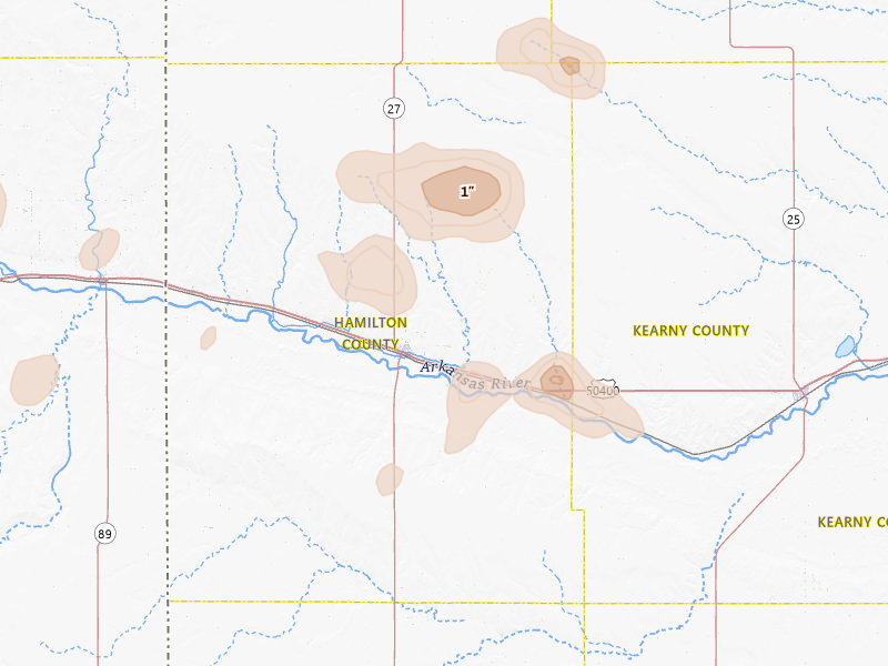 Radar-estimated hail-size map of the storm over Syracuse, KS on Aug 25, 2026