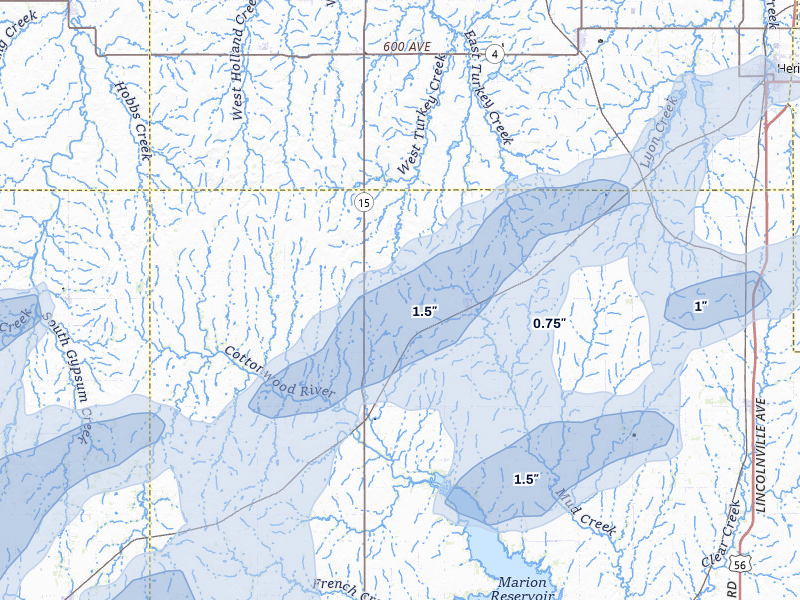 NEXRAD radar-signature map of the hail storm over Tampa, KS on Mar 6, 2026
