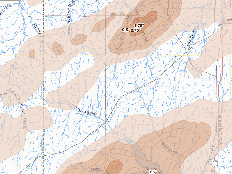 Radar-estimated hail-size map of the storm over Tampa, KS on Apr 23, 2026