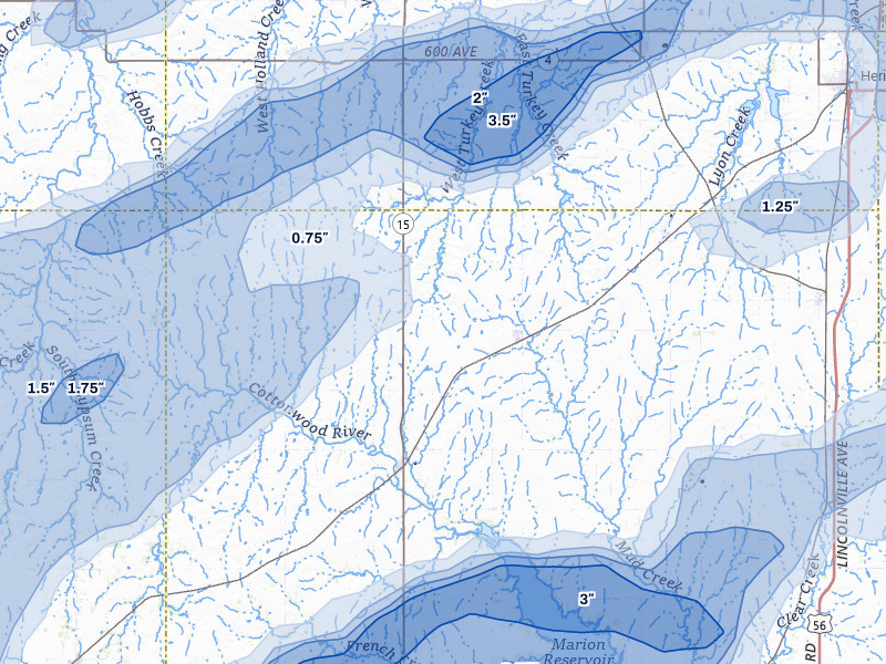 NEXRAD radar-signature map of the hail over Tampa, KS