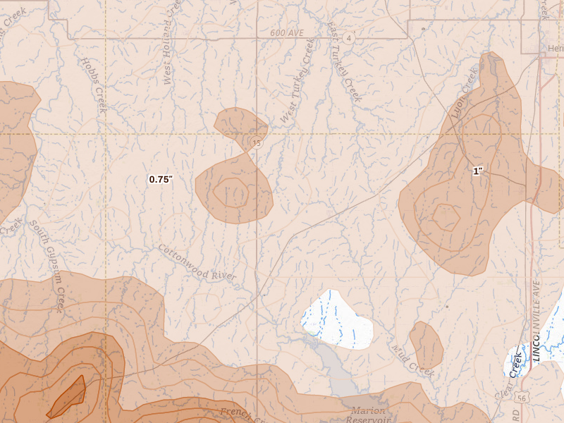 Radar-estimated hail-size map of the storm over Tampa, KS on Apr 26, 2026