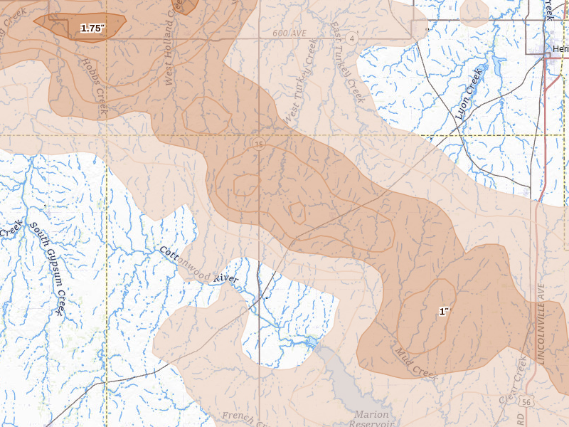 Radar-estimated hail-size map of the storm over Tampa, KS on Jun 8, 2026