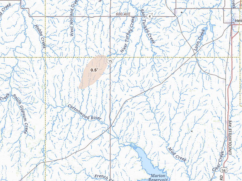 Radar-estimated hail-size map of the storm over Tampa, KS on Jun 19, 2026
