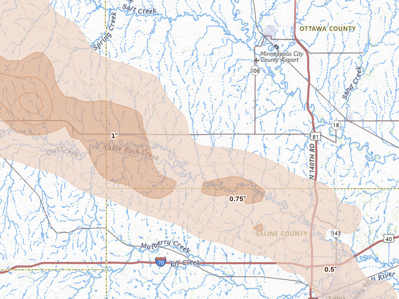 Radar-estimated hail-size map of the storm over Tescott, KS on Apr 9, 2026