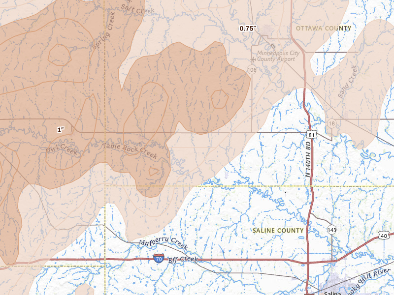 Radar-estimated hail-size map of the storm over Tescott, KS on May 17, 2026