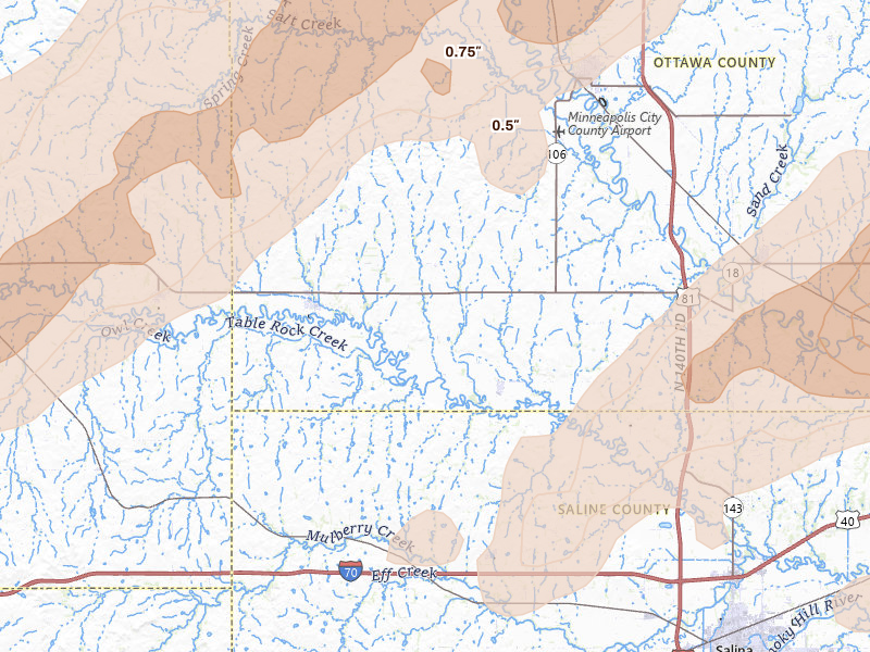 Radar-estimated hail-size map of the storm over Tescott, KS on May 18, 2026