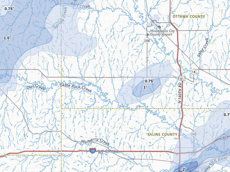 NEXRAD radar-signature map of the hail storm over Tescott, KS on Jul 23, 2026
