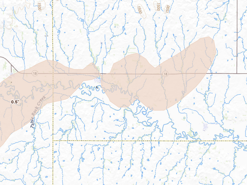 Radar-estimated hail-size map of the storm over Tescott, KS on Aug 13, 2026