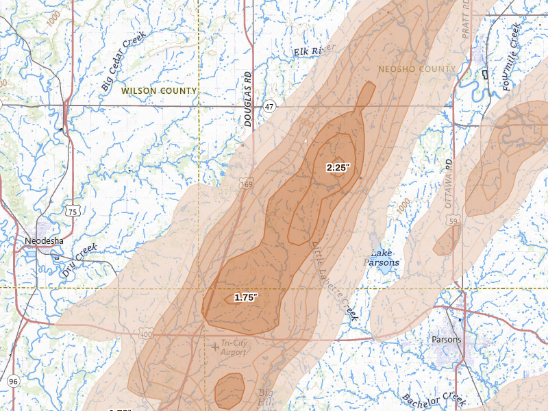 Radar-estimated hail-size map of the storm over Thayer, KS