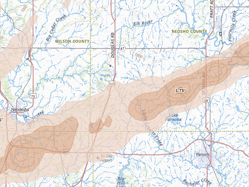 Radar-estimated hail-size map of the storm over Thayer, KS on Apr 17, 2026